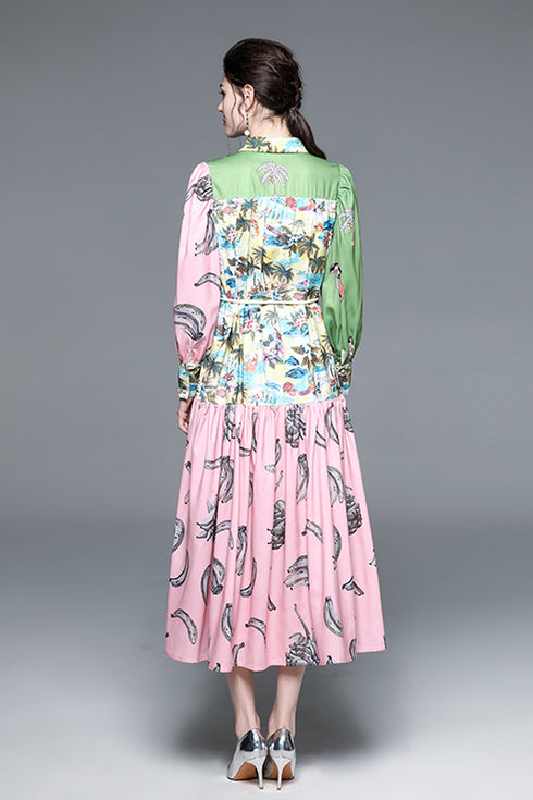 Designer Fall Enchanting Two-Toned Floral Printed Collared, Lantern Sleeve, Belted Chic Holiday, Party Stunning Maxi Long Dress For Women